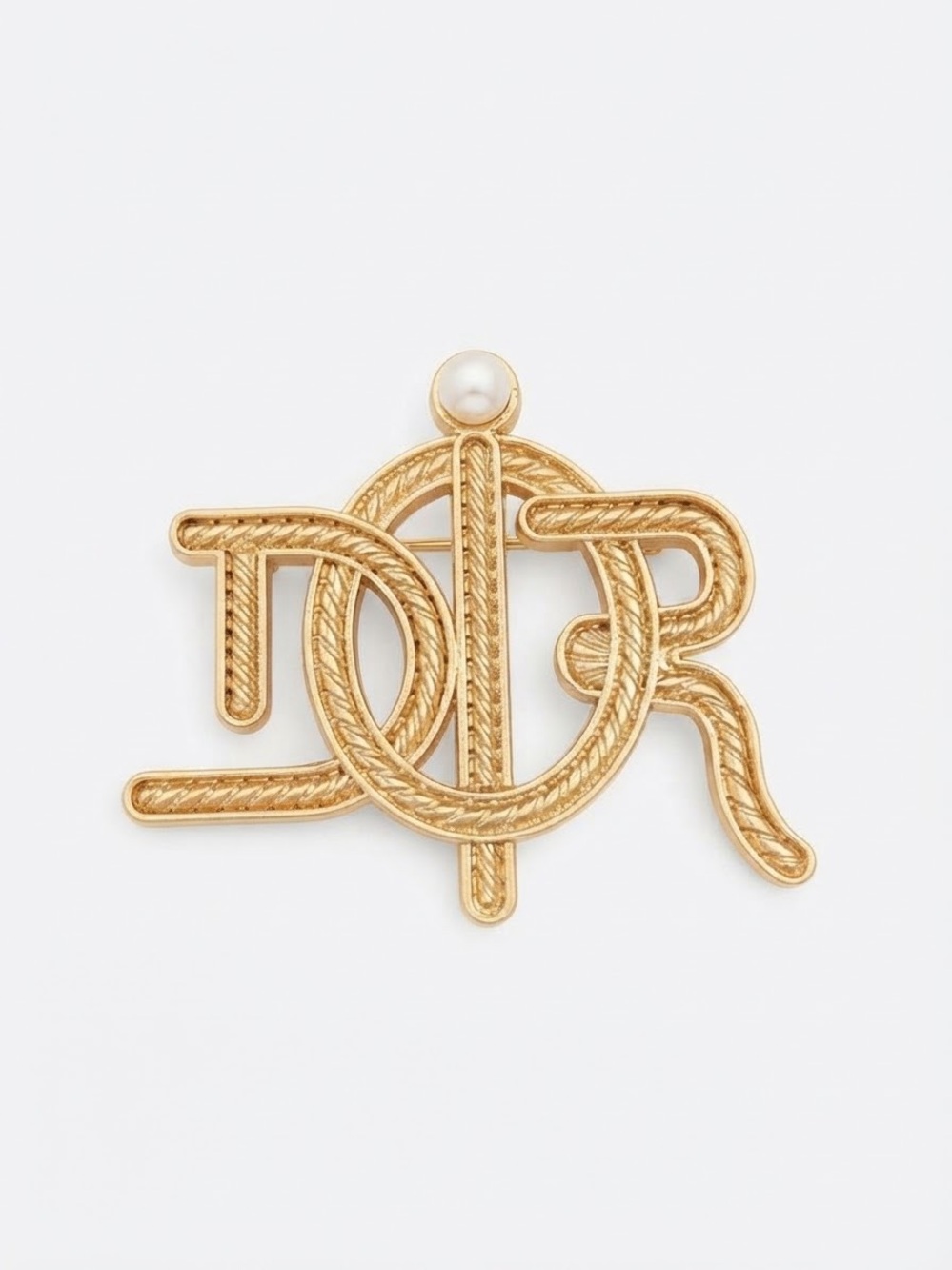 Gold-Tone Monogram Lettered Brooch with Pearl Accent